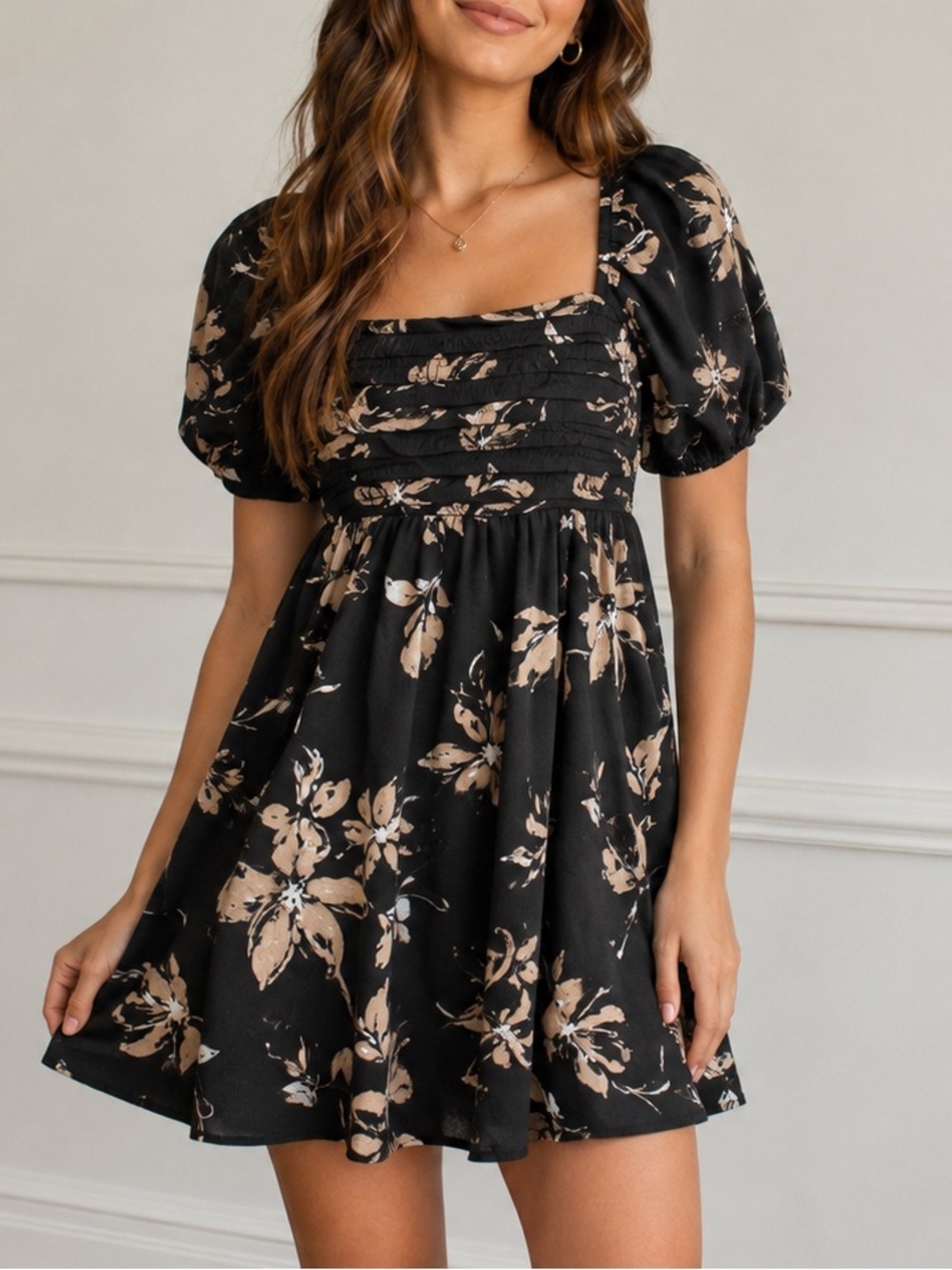 Blu Pepper Black Mini Dress with Beige Floral Print